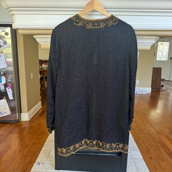 Scala Vintage Black Beaded Silk Open Front Evening Jacket Gold Boarder XL - Picture 9 of 10